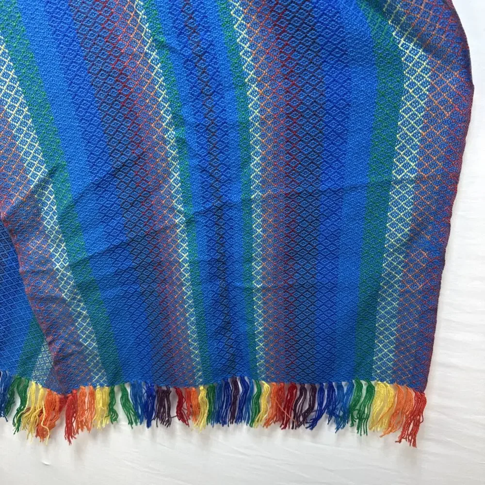 Artesanias Oscar Alpaca‎ Blue Rainbow Stripe Wrap Scarf Hand Woven Made in Peru